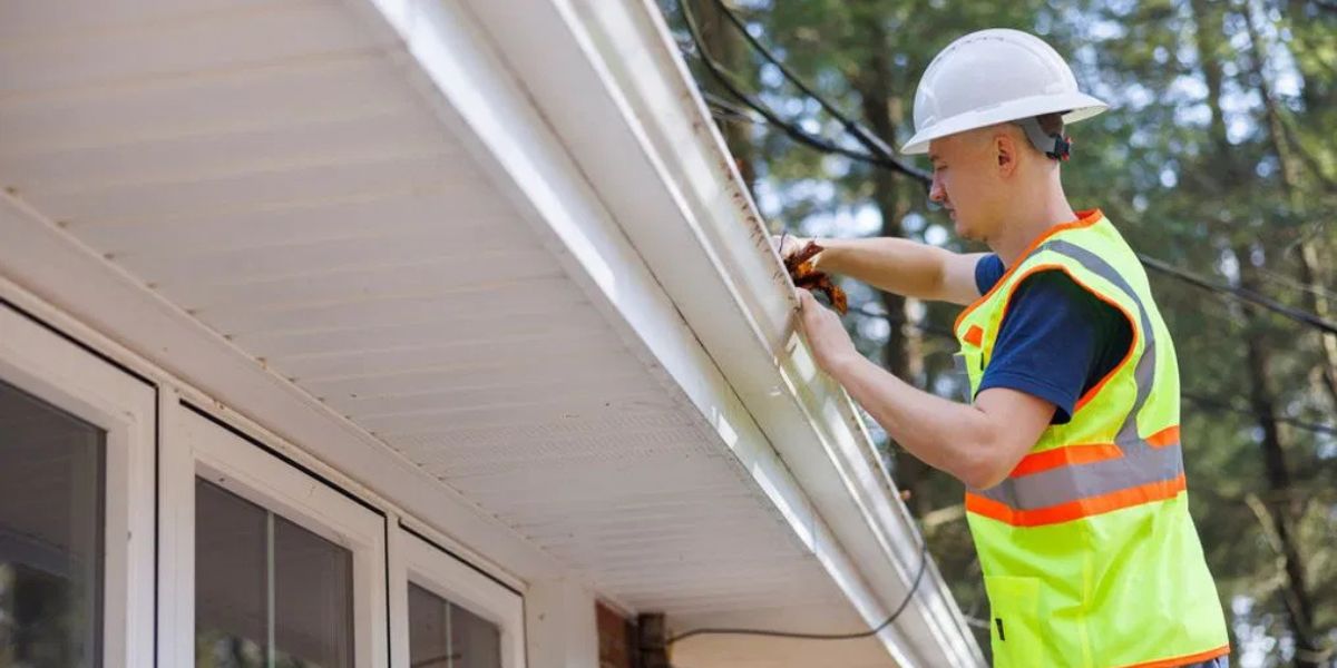 A man in a hard hat and safety vest performs maintenance on a house, emphasizing the importance of regular gutter cleaning.