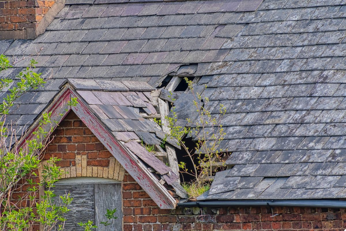 A brick house with a visibly broken roof, showing exposed beams and damaged shingles.