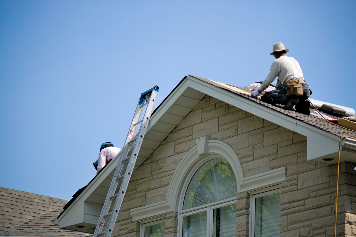 Two roofers working on a residential roof under a clear blue sky, with a ladder propped against the house.
